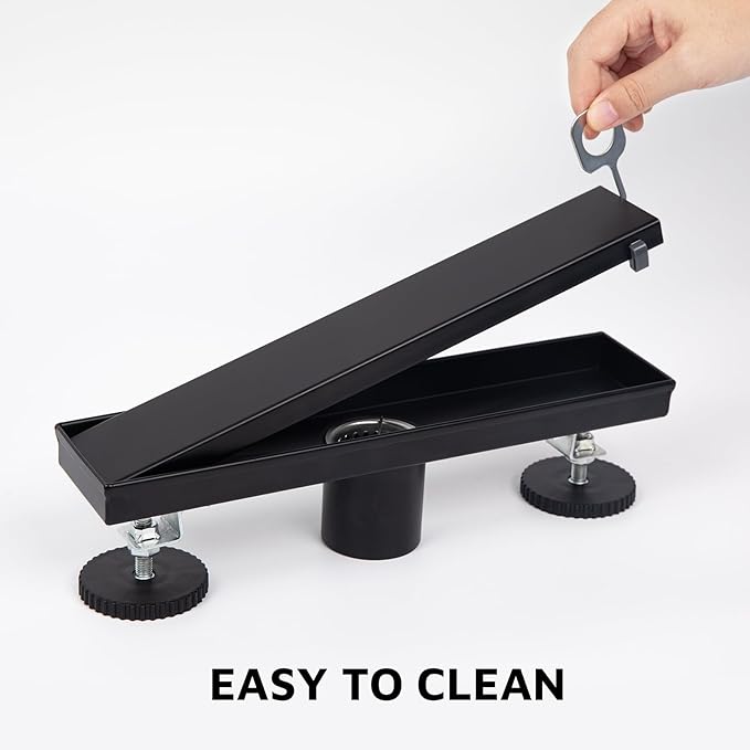 12 Inch Linear Shower Drain Matte Black, Rectangular Reversible 2 in 1 Tile Insert Grate, 304 Stainless Steel Shower Floor Drain Kit, Hair Catcher, Leveling Feet