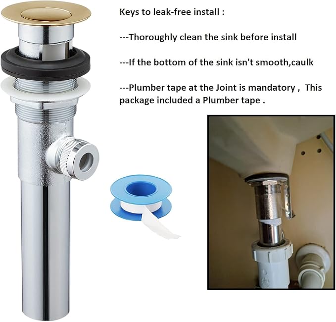 Artiwell Sink Pop-Up Drain Stopper Assembly with Lift Rod and Overflow, Solid Brass Lavatory Pop Up Drain Assembly for Bathroom Vanity Sink, All Brass Construction (Polished Brass)