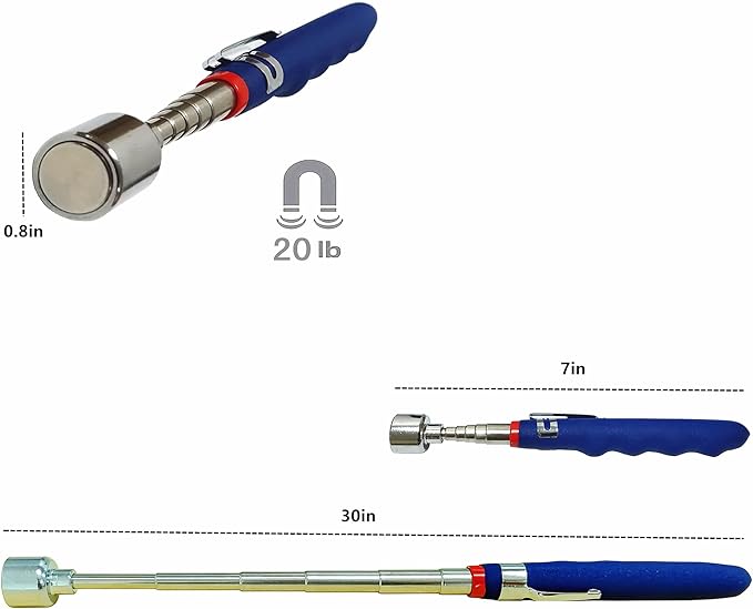 20 lb.Telescopic magnetic pickup. From 7 to 31 inches / 185-760mm. For difficult to reach home sink drains, car keys, bolts, nuts and screws, etc.