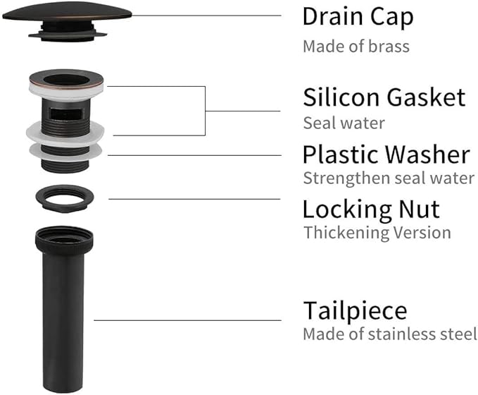 BWE Black Vessel Sink Drain Stopper with Overflow, Fits Standard Bathroom Sink Hole 1-1/2" to 1-3/4", Matte Black