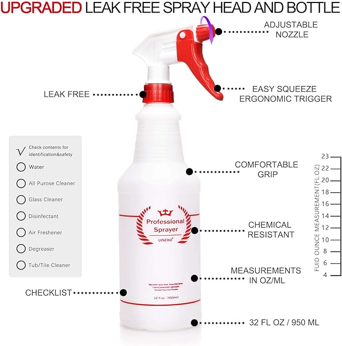Uineko Plastic Spray Bottle (4 Pack, 32 Oz, All-Purpose) Heavy Duty Spraying Bottles Leak Proof Mist Empty Water Bottle for Cleaning Solution Planting Pet with Adjustable Nozzle and Measurements