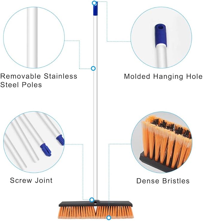 18" Push Broom Heavy Duty Large Outdoor Sweeping Broom Wide Industrial Scrub Brush with Long Handle Commercial for Concrete Floor Shop, Garage, Warehouse, Street, Driveway(Orange