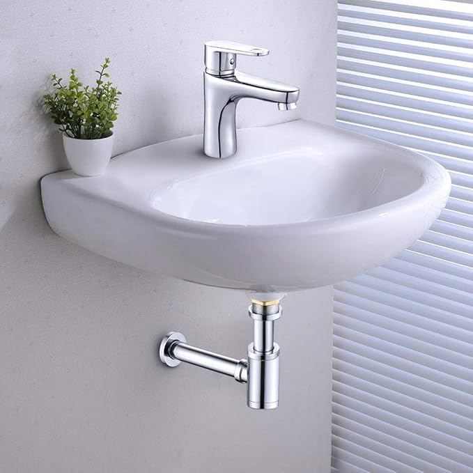MENATT Round P-Trap Waste Pipe Kit Assembly, Bottle Trap Deodorant Type with 1 1/4" Pop-up Drain Stopper without overflow, Bathroom Sink Siphon Drainer Plumbing Tube Chrome Finished