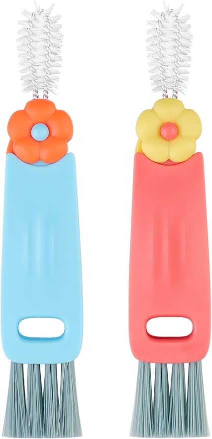 Generic 3 in 1 Cup Lid Cleaning Brush, Multi-Functional, Portable, Blue+pink, Plastic, Nylon Bristles, 2 Pack