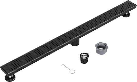 Neodrain 36-Inch Black Linear Shower Drain with Removable Quadrato Pattern Grate,304 Stainless Steel Rectangle Shower Floor Drain, Linear Drain with Leveling Feet,Hair Strainer,Matte Black