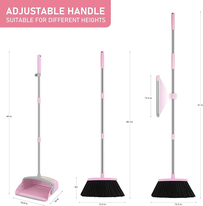 BSKLIN Broom and Dustpan Set, 54” Long Adjustable Household Hand Broom with Dustpan Teeth to Clean Hair Broom with Dustpan Set Heavy Duty to Clean Hair for Home Lobby Office (Pink)