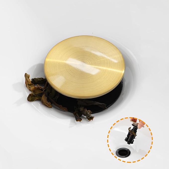 Vessel Sink Drain Without Overflow, Plastic Bathroom Pop up Sink Drain Fit for 1 3/4 Inch Vessel Sink, Built-in Anti Clogging Sink Stopper, Brushed Gold