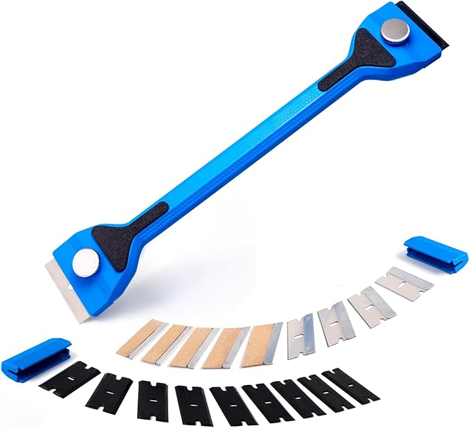 FOSHIO Long Handle Razor Blade Scraper, Two Sided Scraper Tool with Double Edged 10PCS Plastic Razor Blades & 10PCS Metal Razor Blades for Scraping on Stove Glass, Cleaning Glue, Decal, Sticker, Label