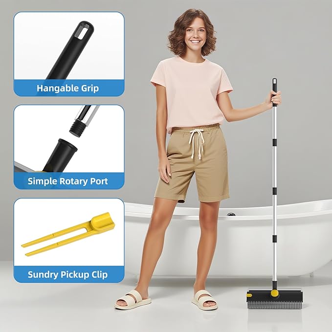 Scrub Brush with Long Handle, Floor Scrub Brush Squeegee Broom for Cleaning, 3 in 1 Shower Scrubber Floor Broom Squeegee for Concrete Tile Wall Deck Patio Black
