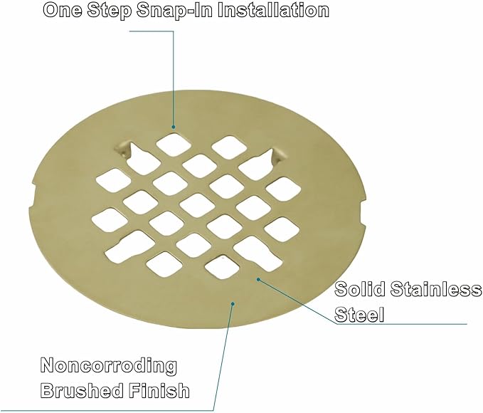 Gold Brushed Snap-in Shower Drain Cover Replacement, Welsan Stainless Steel 4-1/4" OD Round Shower Strainer Grid Easy to Install