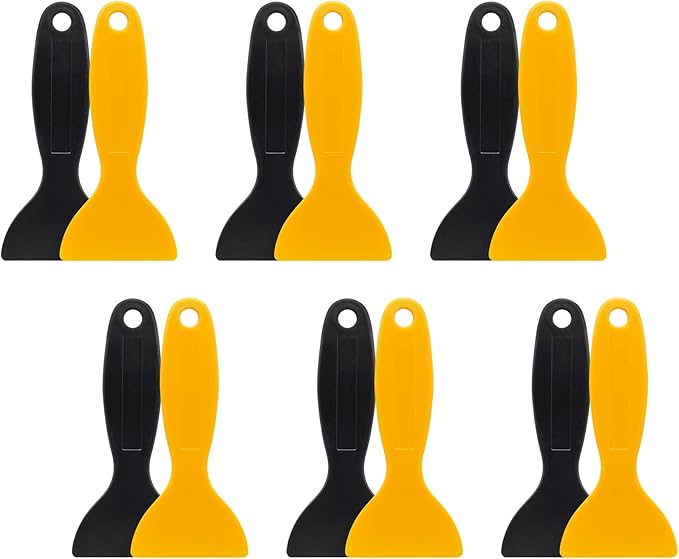12pcs Plastic Spatula Scraper, Plastic Putty Scraper Air Bubble Remover, Paint Spatula Scraper Cleaner, Resin Print Scraper Sticker Installation Tool for Decal, Grout Removal (Black, Yellow)
