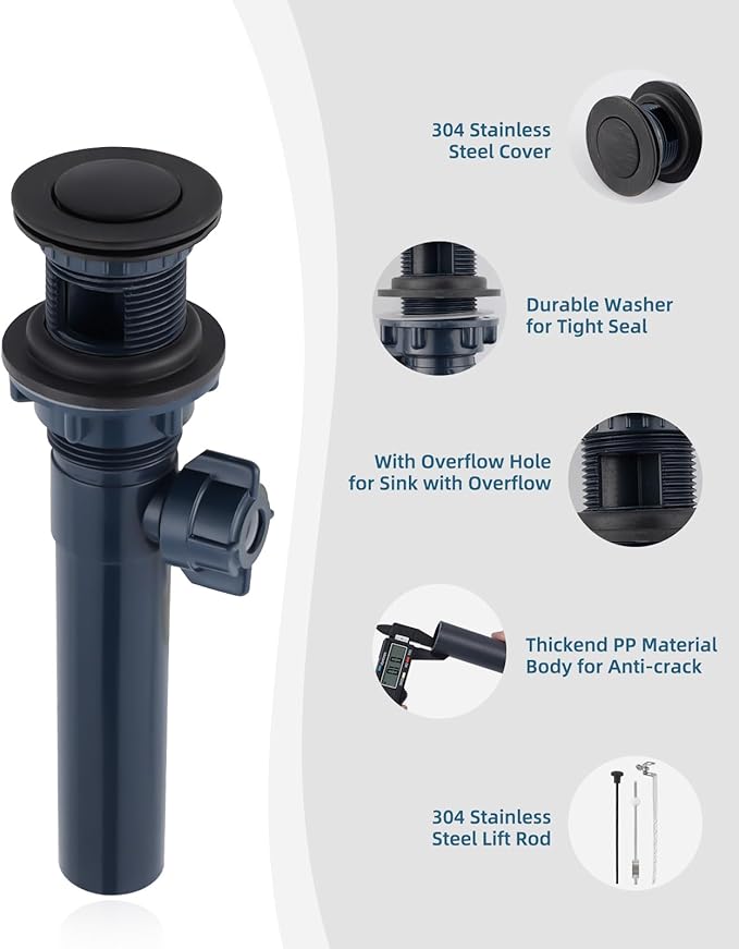 2PCS Bathroom Sink Drain with Lift Rod, Pop Up Sink Drain with Overflow, Universal Fit, Oil Rubbed Bronze Drain Stopper for Vessel Sink, Assembly for Bathroom Faucet Sink