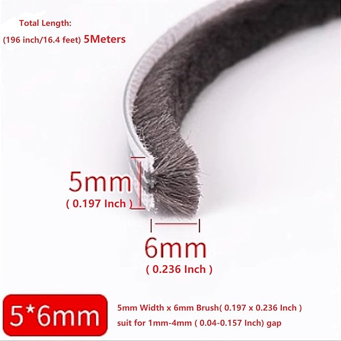 16 Ft (5m) 196 Inch Sliding sash Windows Doors Tape Pile Draught excluder Brush Seal Strip weatherstrip 5mm x 6mm (3/16 1/4 Inch, Gray)