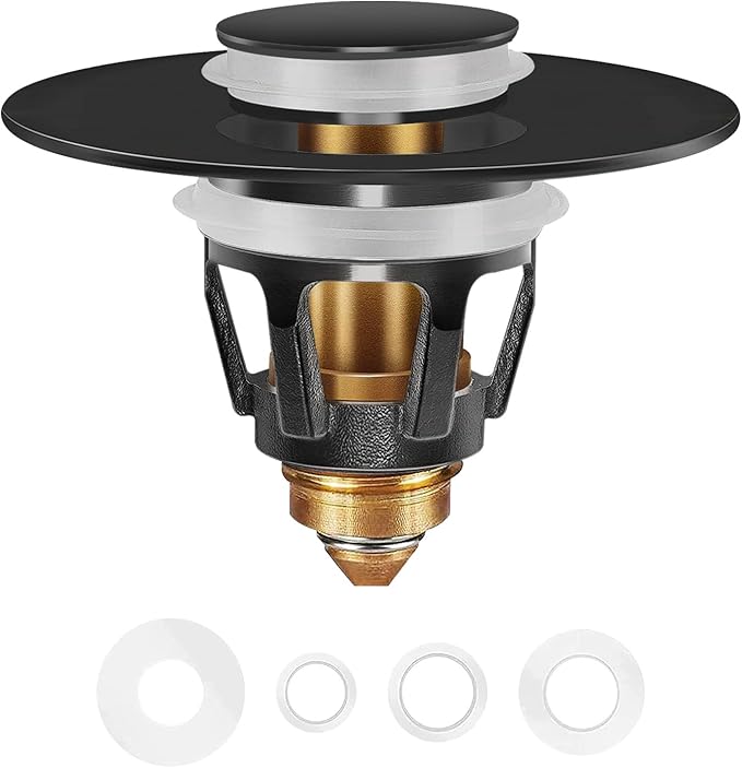 Universal Bathroom Sink Stopper in Brass, 1.04-1.97 Inch Pop Up Basin Sink Drain Stopper, Sink Drain Strainer with Anti Clogging Filter Hair Catcher, Black