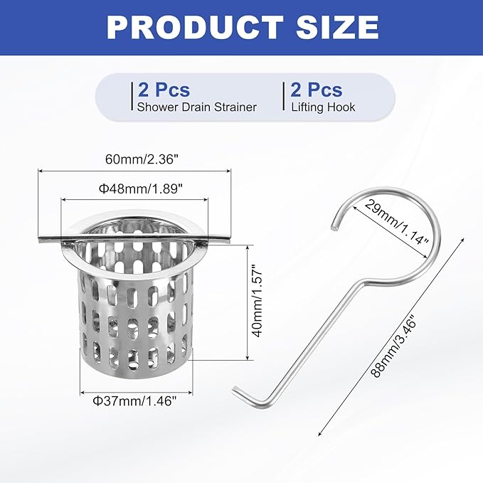 uxcell Hair Strainer, 304 Stainless Steel Shower Drain Strainer with Lifting Hook Hair and Debris Collector Debris Filter Basket for Bathroom Kitchens, Silver
