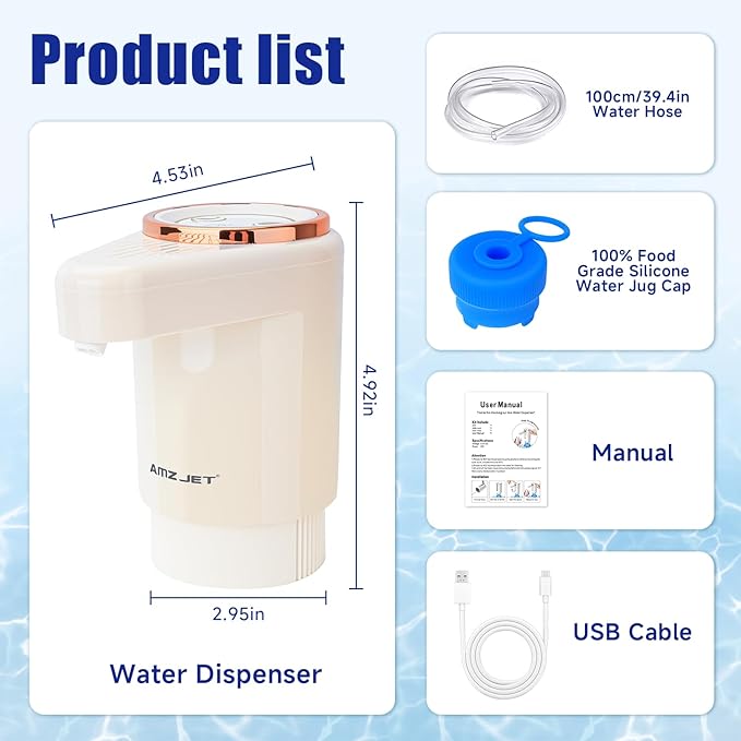 Dual Pump Water Dispenser for 5 Gallon Bottle, Electric Water Bottle Pump with Water Jug Cap, Powerful Flow, USB Rechargeable Automatic for Home, Office, Camping-Beige