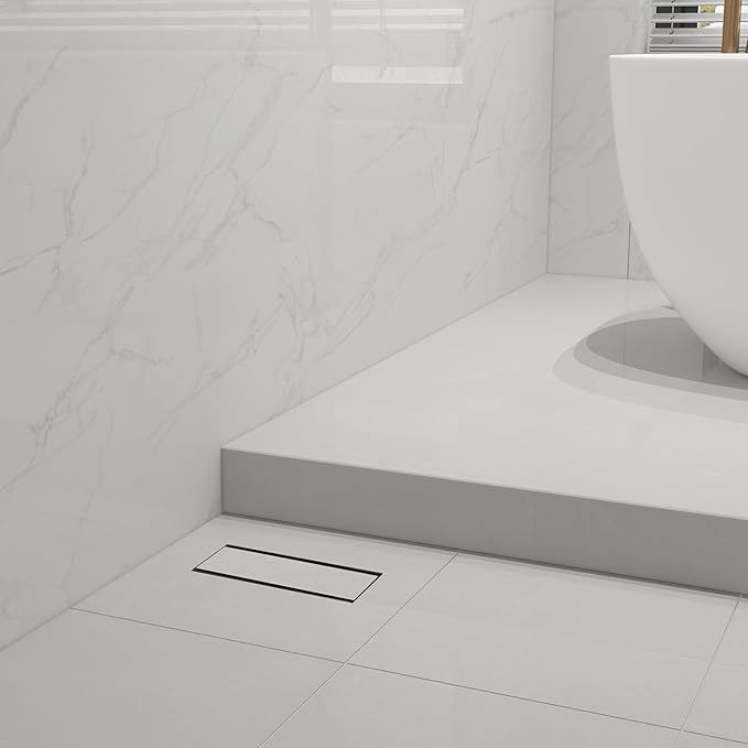 12 Inch Linear Shower Drain Matte Black, Rectangular Reversible 2 in 1 Tile Insert Grate, 304 Stainless Steel Shower Floor Drain Kit, Hair Catcher, Leveling Feet