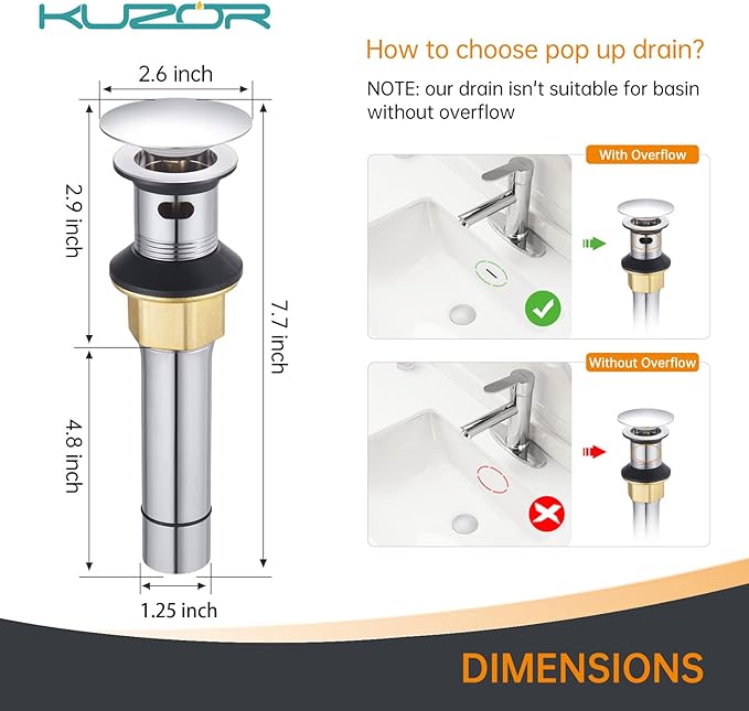 2-Pack Pop Up Bathroom Sink Drain with Overflow - Fits 1-5/8" to 2" Holes, Chrome 304 Stainless Steel for Vanity/Vessel Sink