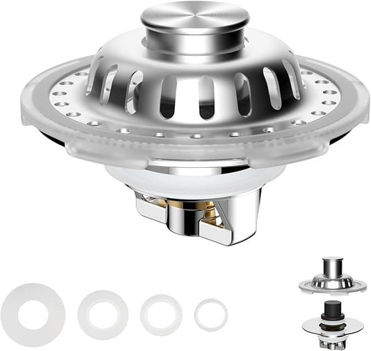 Universal Bathtub Drain Stopper Shower Hair Catcher Bathroom Sink Strainer, Tub Stopper with Visible Top Strainer, Brass Metal 3 in 1 Stopper for Standard 1.1''~2.36'' Hole, Transparent Edge, Chrome
