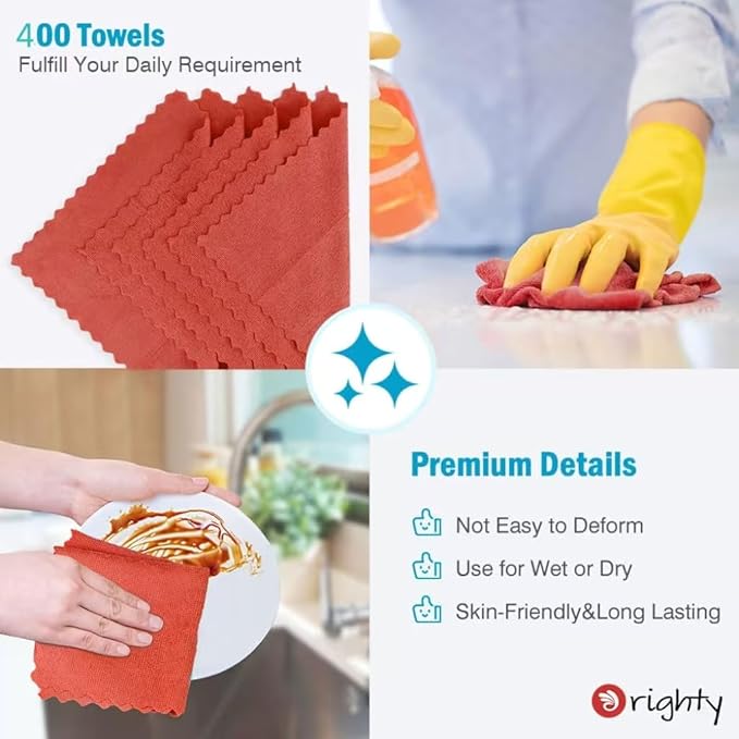 Orighty Microfiber Cleaning Cloth, 400 Pack Highly Absorbent Cleaning Rags, Household Cleaning Supplies, Reusable Microfiber Towels Lint Free Cloths for House, Kitchen, Car Care, 12x11 inch, Red