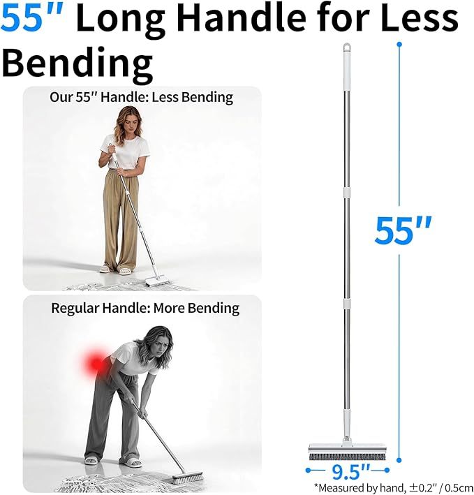 Floor Scrub Brush with 55" Long Handle, 2-in-1 Floor Brush with Built-in Squeegee, Adjustable Angle Head and Stiff Bristles for Tile, Wood, Concrete & Textured Floor Cleaning
