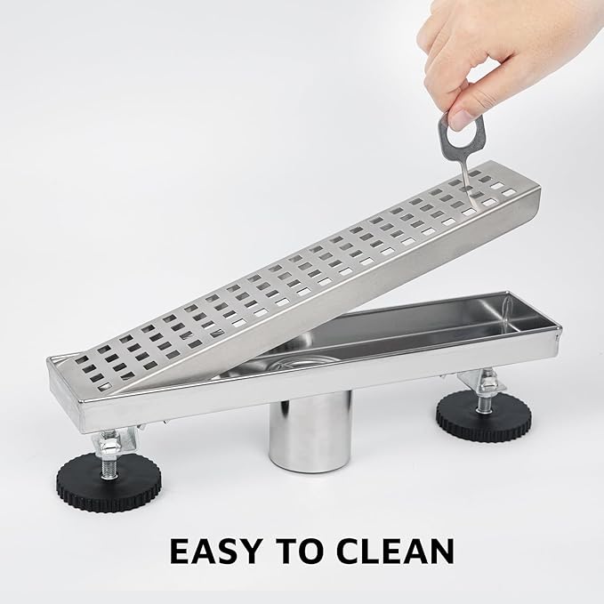 12 Inch Linear Shower Drain Brushed Nickel, Rectangular Shower Floor Drain Kit 304 Stainless Steel, Removable Grid Grate, Hair Catcher, Leveling Feet