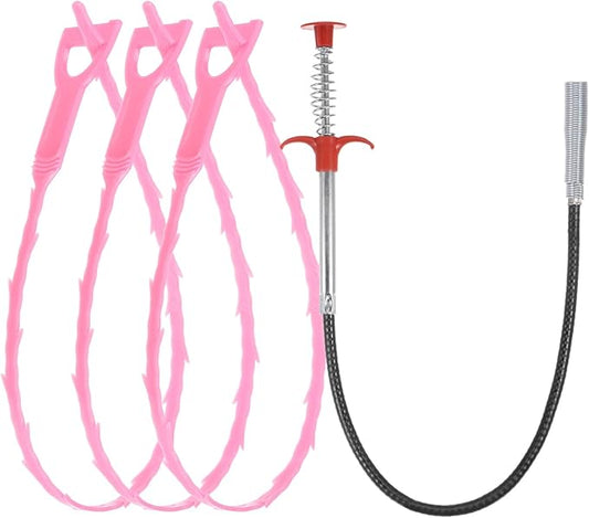 uxcell 3pcs 20 Inch Drain Hair Clog Remover Tool PP & 24 Inch Drain Cleaner Tool Sticks Stainless Steel Sewer Cleaning Hook Unclog Sink Unclogger for Toilet Bathtub Sewer, Pink