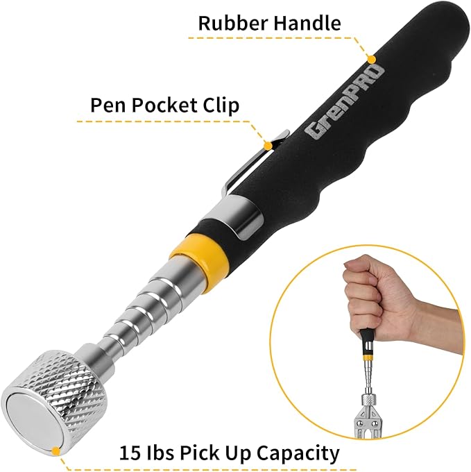 GRENPRO 17" Rolling Magnetic Sweeper with Wheels,8.8 Lbs Pull Force,Telescoping Handle,2-Pack Includes Magnetic Pickup Tool for Construction,Workshop,Garage & Yard