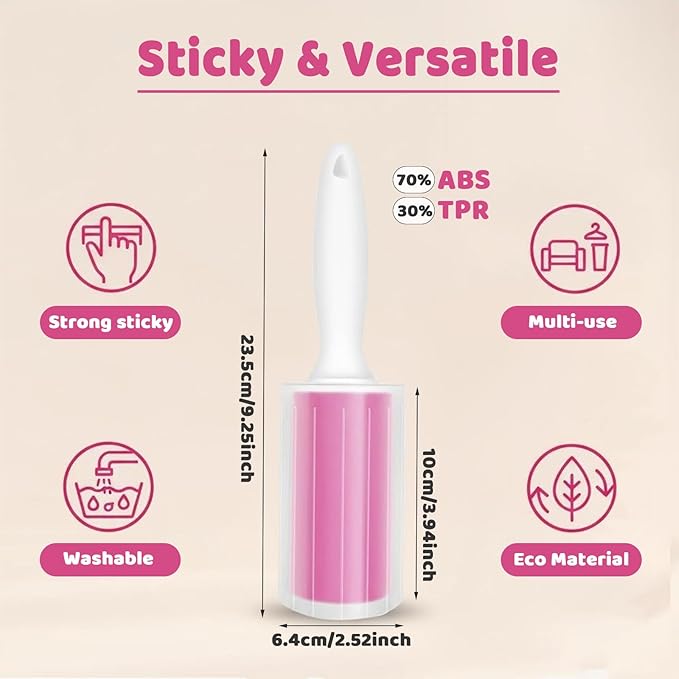 Washable Gel Lint Roller 2 Pack, Reusable Sticky Lint Roller Portable Pet Hair Remover Cleaner for Clothes, Travel, Home, Large with Cover, Pink