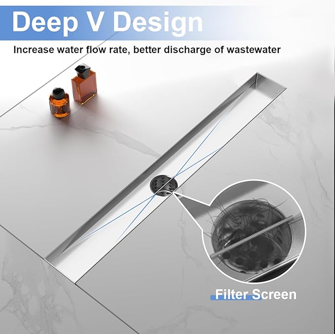 28-Inch Linear Shower Drain with Tile Insert Grate, SUS 304 Stainless Steel Linear Drain, Brushed Nickel Long Rectangle Shower Floor Drain with Leveling Feet, Hair Strainer, Fits Bathroom