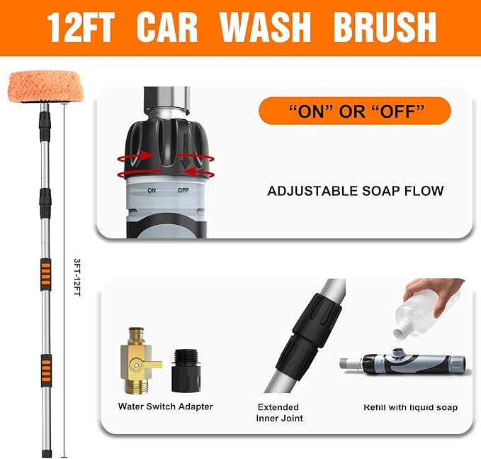 12FT Car Wash Brush with Long Handle, Car Cleaning Brush with 12 Inch Soft Bristle and Soap Dispenser, Solar Panels Cleaner with Telescoping Pole for RV, Truck, Boat, House Siding, Orange