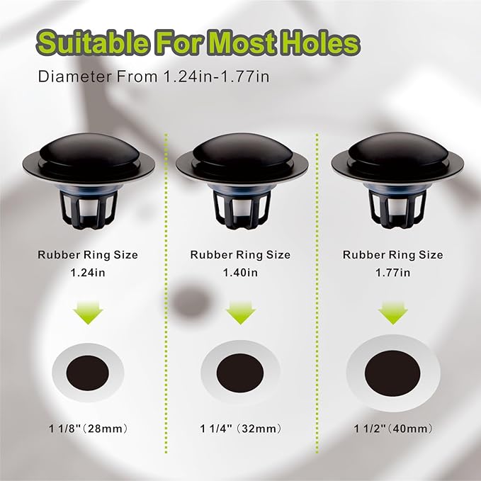 Pop Up Bathroom Sink Stopper,2 Pack Matte Black Sink Drain Stopper with Hair Catcher and Strainer,Glimflorus Universal 2-in-1 Drain Stopper for 1 1/8"-1 1/2" Drain Holes