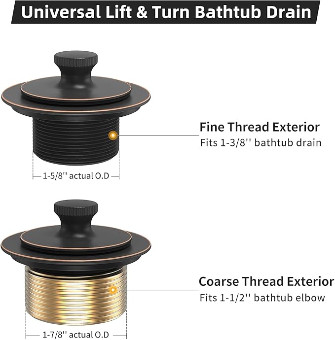 Oil Rubbed Bronze Tub Drain Trim Set Conversion Kit Assembly，All Brass Lift & Turn Bathtub Drain Replacement Trim Kit with Two-Hole Overflow Faceplate and Universal Fine/Coarse Thread
