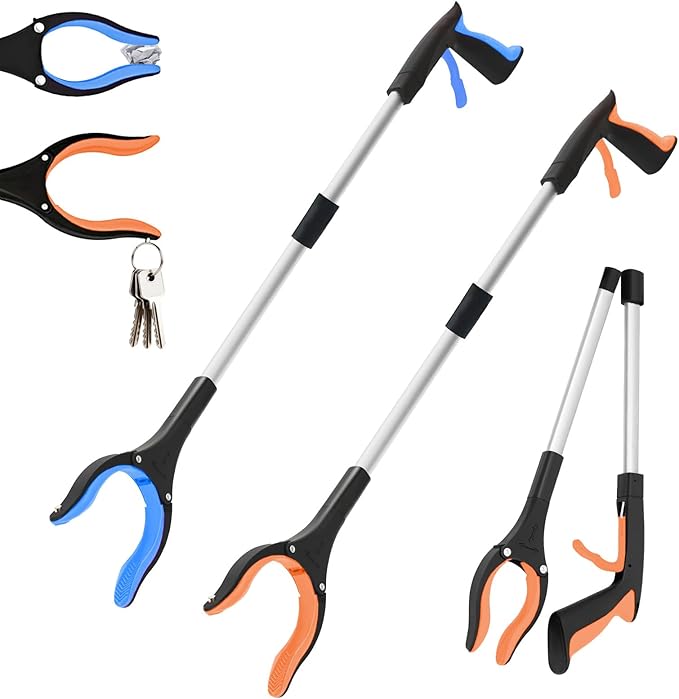 2-Pack 32"Grabber Reacher Tool,Foldable Reacher Grabber Pickup Tool with 360°Rotating Jaw & Magnetic Tip,GarbageTrash Picker Upper Grabber,Lightweight Grabbers for Seniors/Elderly(Orange/blue)