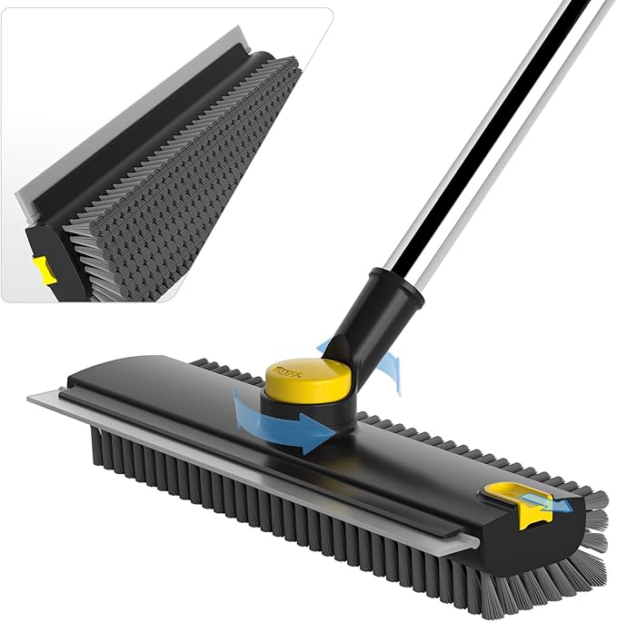 Scrub Brush with Long Handle, Floor Scrub Brush Squeegee Broom for Cleaning, 3 in 1 Shower Scrubber Floor Broom Squeegee for Concrete Tile Wall Deck Patio Black