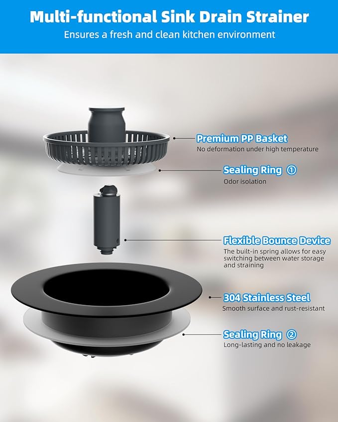 Hibbent Upgraded 3 in 1 Kitchen Sink Drain Strainer and Stopper Combo, Stainless Steel Metal Pop Up Sink Stopper, Anti-Clogging Basket Strainer with Handle for US Standard 3-1/2 Inch Drain, Black