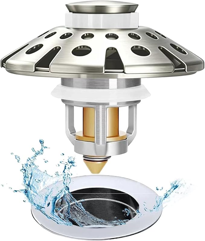 AzWzz Bathroom Sink Drain Strainer, 3 in 1 Pop Up Bathroom Sink Stopper Plug with Hair Catcher Cover, Universal for 1.06 in to 1.6 in Sink Drain, Brushed Nickel