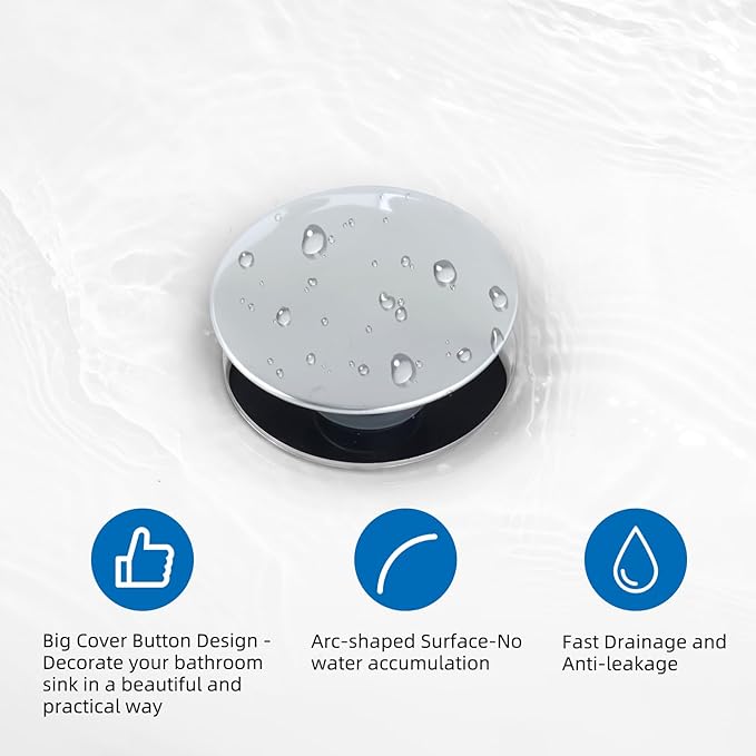 Universal Bathroom Sink Stopper, Metal Pop Up Sink Drain Strainer with Detachable Hair Catcher, Fits 1.1"-2.36" US Basin, Wash Basin Drain Plug with Big/Small Cover Cap, Brass Bounce Core, Chrome