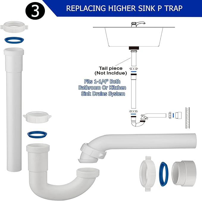(1 Pack) Yariwiz 1-1/4 inch White Bathroom Drain Kit for Most Bathroom Sink Drain Replacement Tubular Plumbing Pipe Assembly KSD-009W