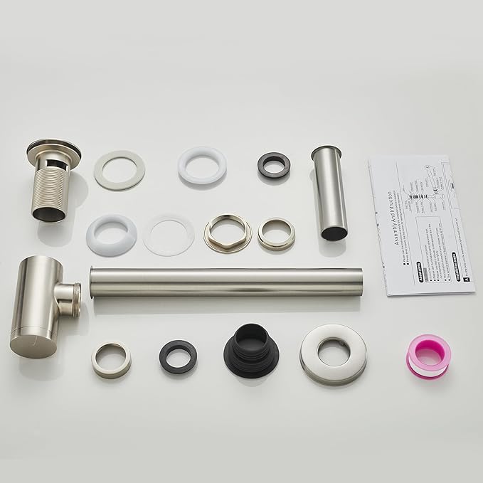 Bathroom Basin Sink Waste P-Trap Drain Kit, Adjustable Bottle Trap with Pop Up Drain Stopper with Overflow, Brushed Nickel