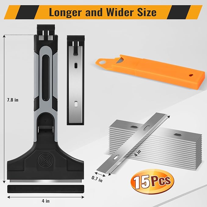 4" Razor Blade Scraper, Scraper Tool with 15pcs Razor Blades, Scrapper for Cleaning Paint, Sticker & Caulk Remover Tool, Glass Scraper for Windows, Stove Top, Oven, Cooktop, Floor, Tile