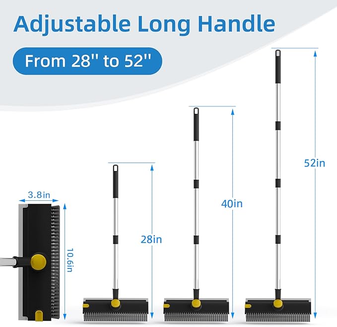 Scrub Brush with Long Handle, Floor Scrub Brush Squeegee Broom for Cleaning, 3 in 1 Shower Scrubber Floor Broom Squeegee for Concrete Tile Wall Deck Patio Black