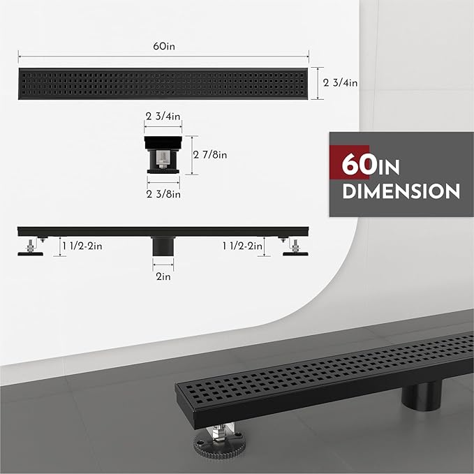 WEBANG 60 Inch Linear Shower Drain Rectangular Floor Drain with Accessories Square Hole Pattern Cover Grate Removable SUS304 Stainless Steel CUPC Certified Matte Black