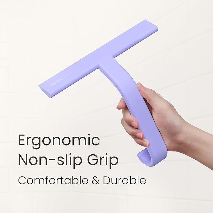 dancemoon JustHang Shower Squeegee for Glass Doors, All-in-One Piece Silicone Squeegee with Built-in Hook for Bathroom, Window, Mirror, Tile Wall, Car, Streak-Free Bathroom Cleaner Tool,10 Inch Purple