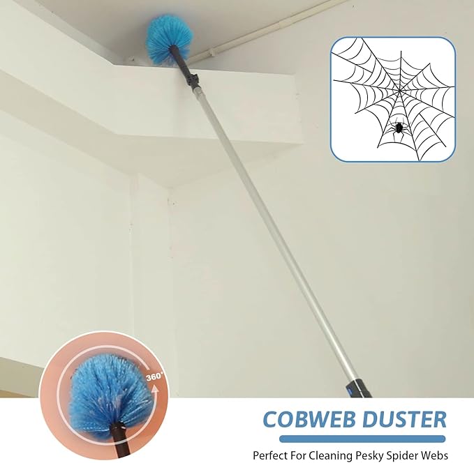 MAYKI 20 Foot High Reach Dusters for Cleaning 5 PCS, Ceiling Fan Dusters with Extension Pole, Cobweb Duster with Extension Pole for High Ceilings/Fans, 2 in 1 Window Squeegee Duster