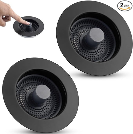Universal 3 in 1 Kitchen Sink Drain Strainer Stopper Combo, 2PCS Matteblack Stainless Steel Shell Pop Up Sink Stopper for US Standard 3-1/2 inch Drain Filter, Anti-Clog and Easy Clean
