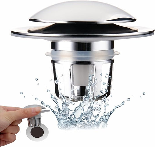 Chrome Bathroom Sink Drain Stopper, Wellup Universal 2-in-1 Sink Stopper Bathroom Drain for 1 1/8"-1 1/2" Sink Drain Hole, Pop up Sink Stopper with Anti-Clogging Strainer, Chrome Plated