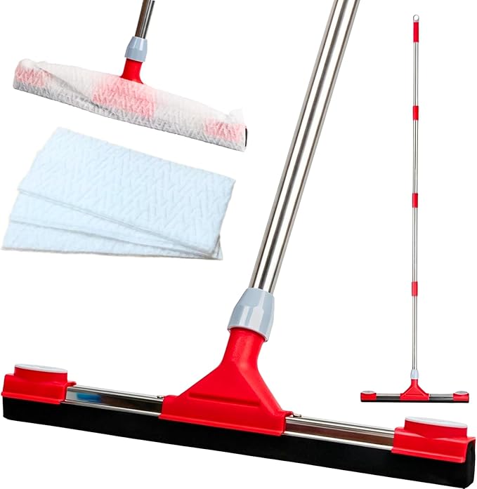 Heavy Duty Floor Squeegee for Concrete Floor – 17.3” EVA Foam Blade with Cloth Clip Design, 62” Extendable Handle, Multi-Surface Floor Squeegee Broom for Windows, Bathroom, Garage, Tile, Patio &Shower