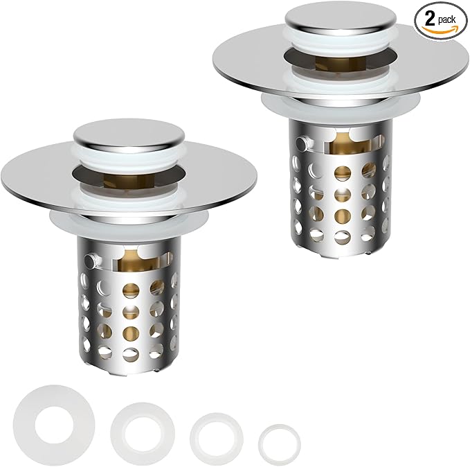Universal Bathroom Sink Drain Strainer Hair Catcher 2PCS Upgraded with Removable Stainless Steel Filter Basket, 3 in 1 Pop Up Sink Stopper for 1.1''~2.36'' Sink Basin Hole, Chrome