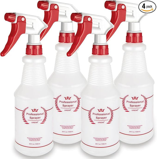 Uineko Plastic Spray Bottle (4 Pack, 24 Oz, All-Purpose) Heavy Duty Spraying Bottles Leak Proof Mist Empty Water Bottle for Cleaning Solution Planting Pet with Adjustable Nozzle and Measurements